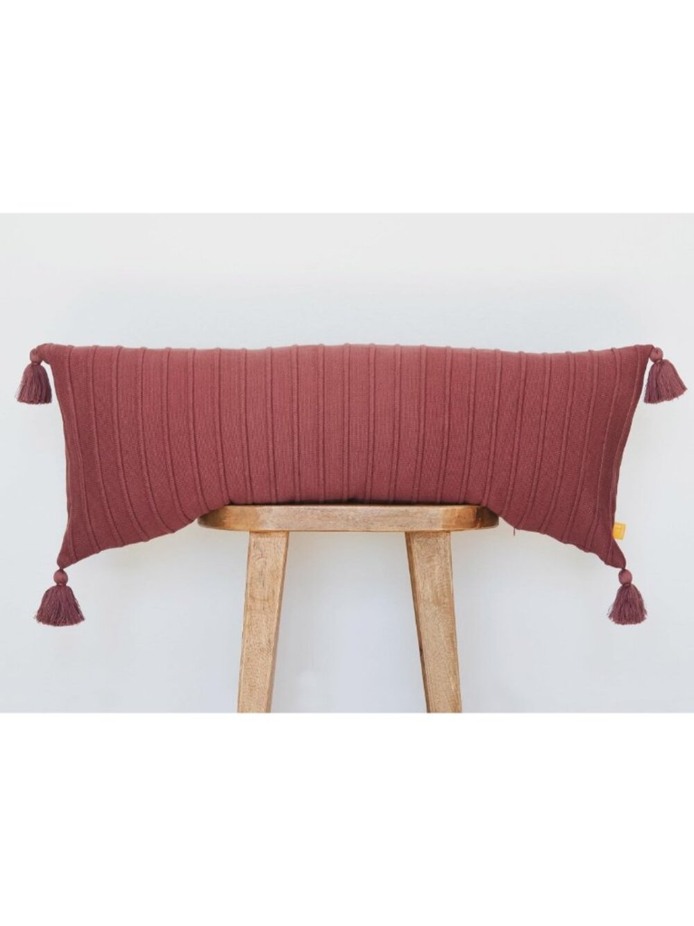 Boho Cotton Knit Lumbar Pillow Cover - Extra Long Ribbed with Tassels, Burgundy